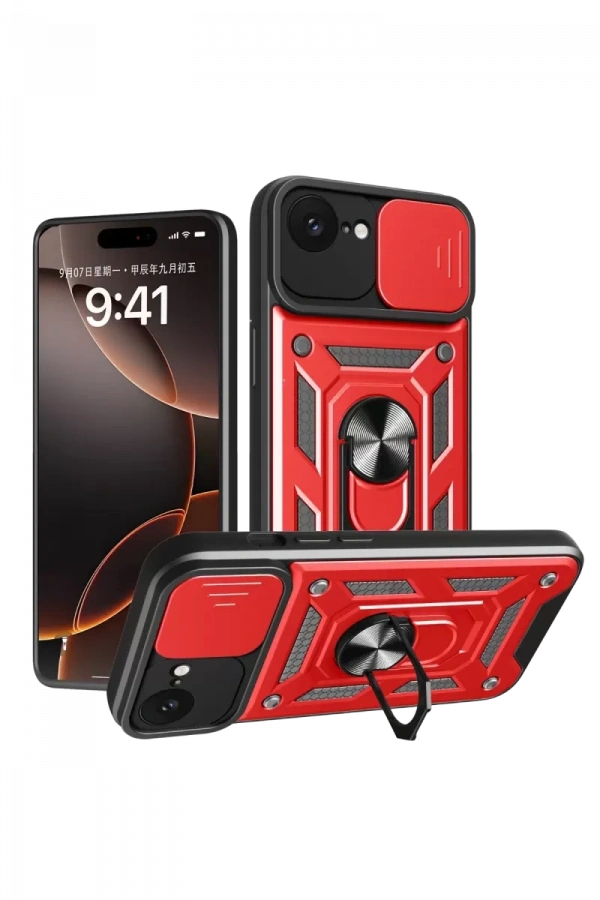 Apple iPhone 16E Kılıf Pars Lens Yüzüklü Silikon - Kırmızı