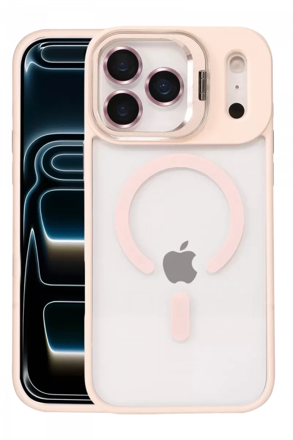 Apple iPhone 17 Pro Max Remim Lensli Magsafe Standlı Kapak - Pembe