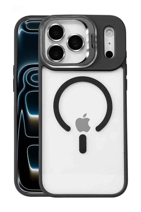 Apple iPhone 17 Pro Max Remim Lensli Magsafe Standlı Kapak - Siyah