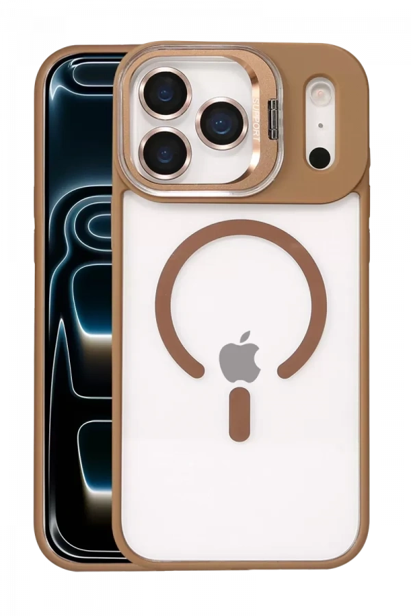 Apple iPhone 17 Pro Remim Lensli Magsafe Standlı Kapak - Kahverengi