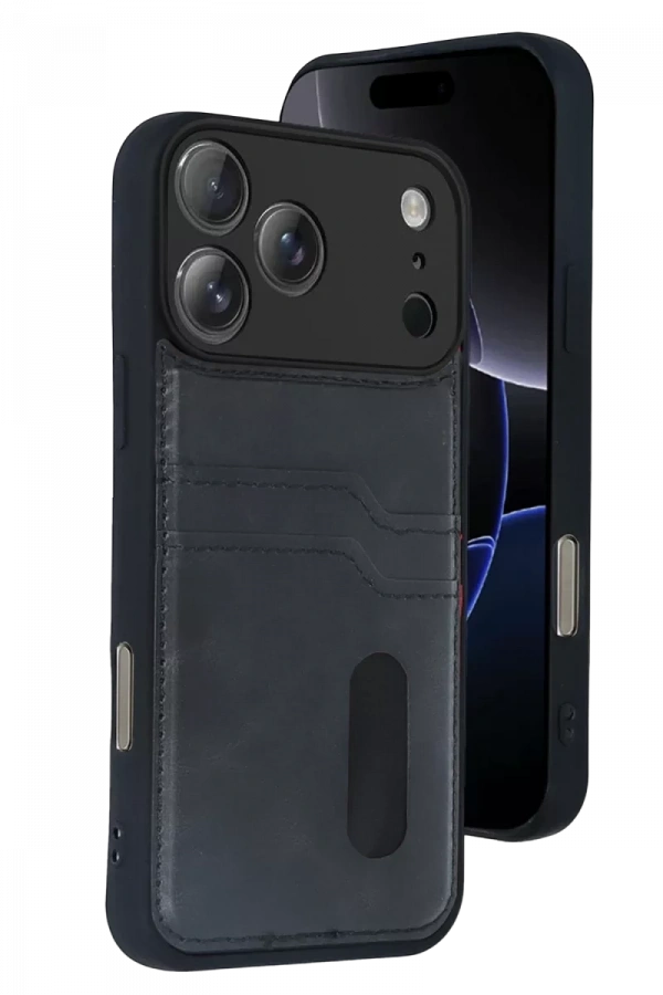 Apple iPhone 17 Pro Sara Kartvizitli Deri Kılıf - Siyah