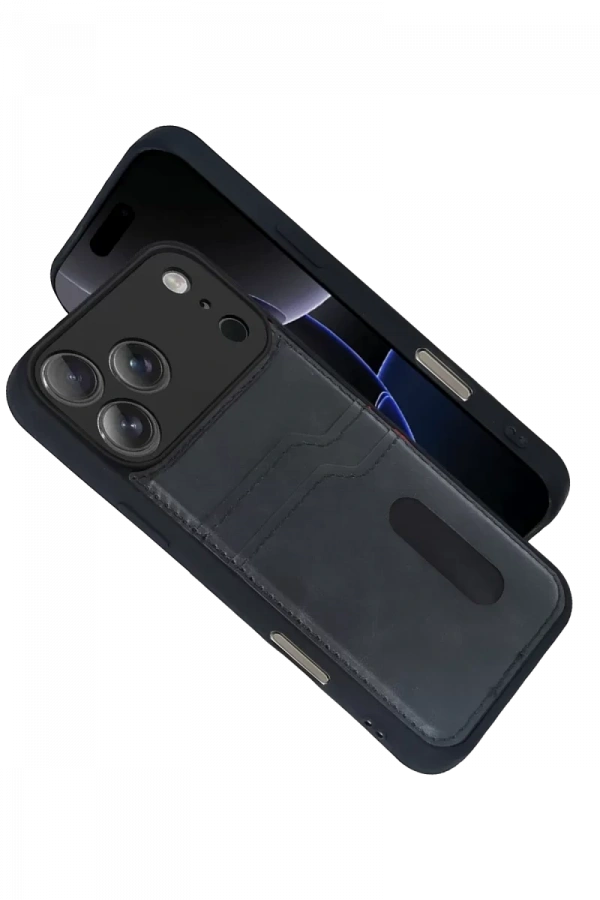 Apple iPhone 17 Pro Sara Kartvizitli Deri Kılıf - Siyah