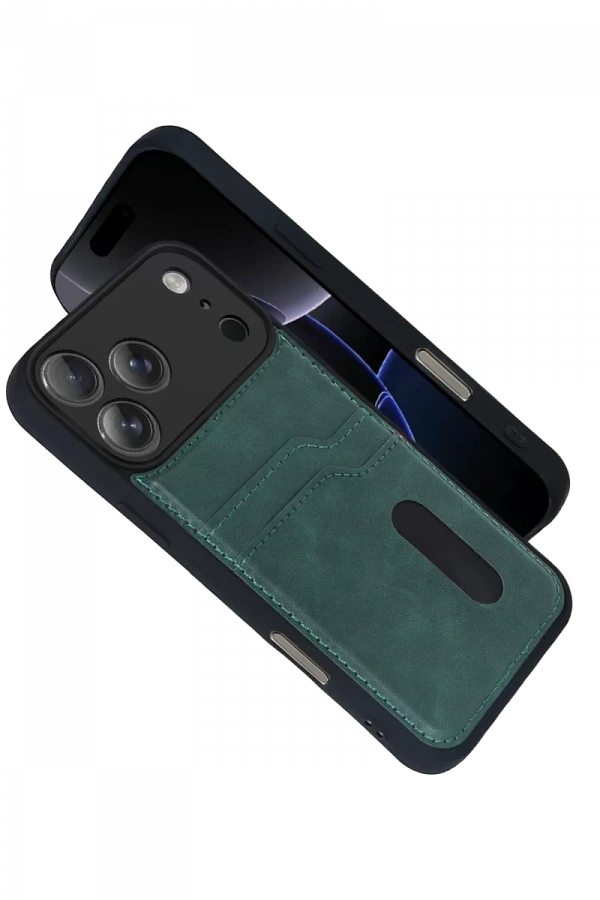 Apple iPhone 17 Pro Sara Kartvizitli Deri Kılıf - Yeşil