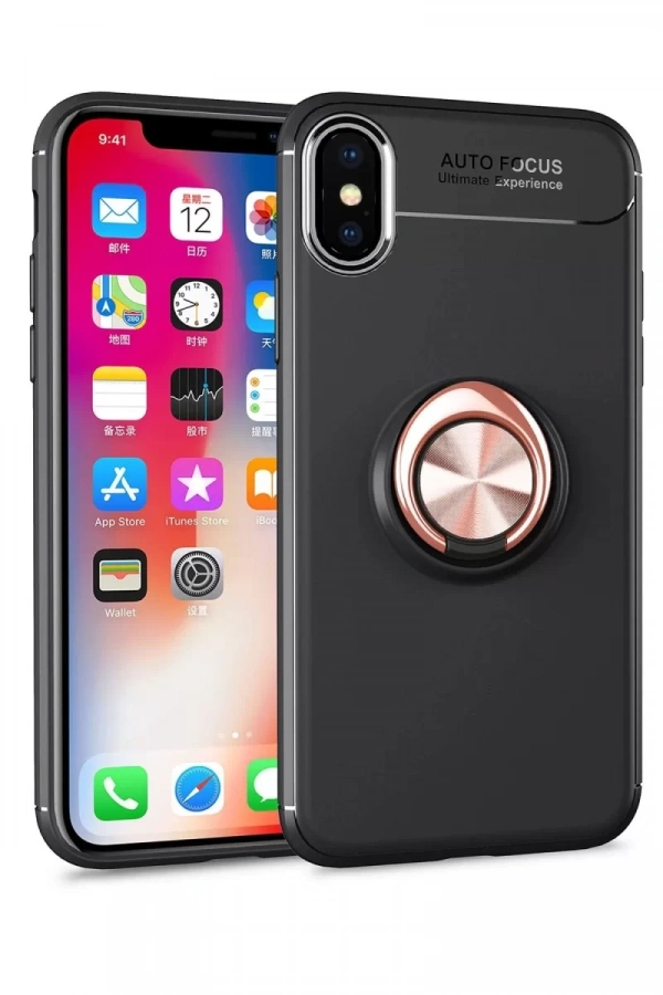 Apple iPhone XS Max Kılıf Range Yüzüklü Silikon - Siyah-Gold