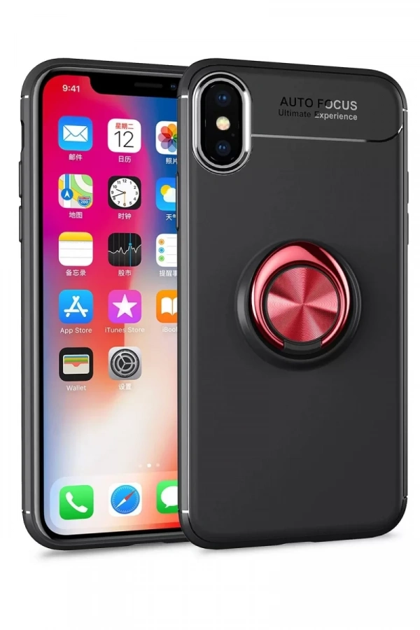 Apple iPhone XS Max Kılıf Range Yüzüklü Silikon - Siyah-Kırmızı