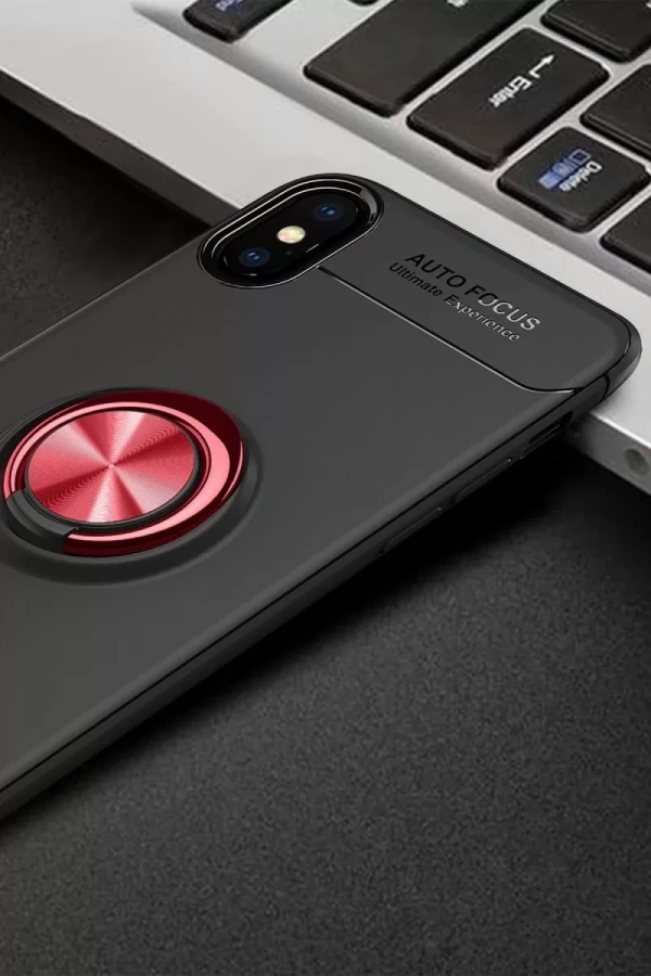 Apple iPhone XS Max Kılıf Range Yüzüklü Silikon - Siyah-Kırmızı
