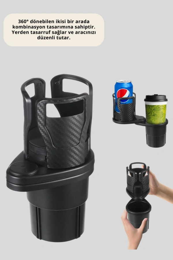 Araba Çift Bardak Tutucu 360° Dönebilen İkisi Bir Arada Ayarlanabilir