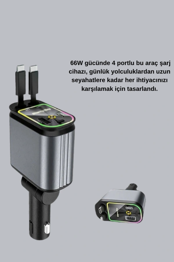 Araç Şarj Adaptörü 66W PD QC Hızlı Şarjlı ve Çekilebilir Kablolu