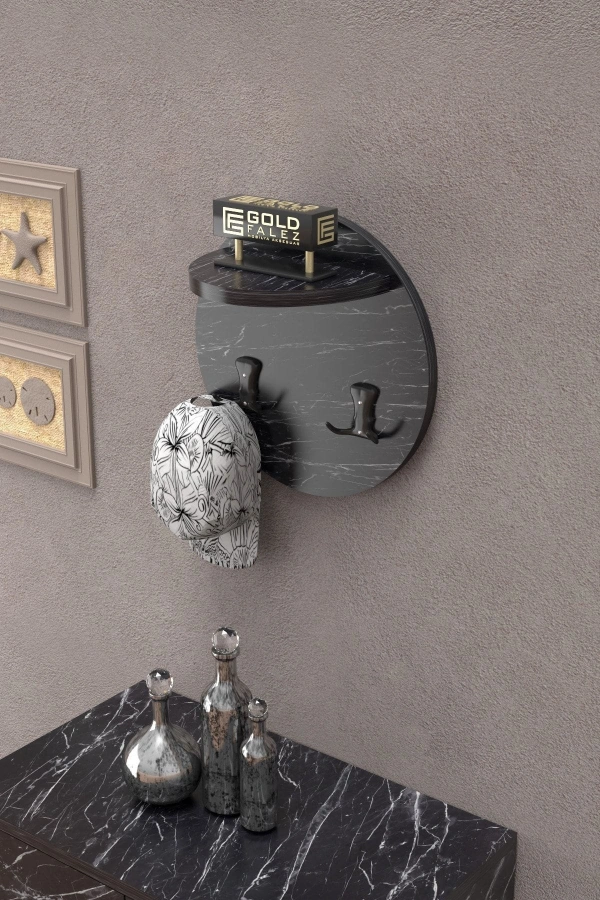 Askılık Duvar Elbise Askılığı Portmanto Üstü Siyah Mermer Desen