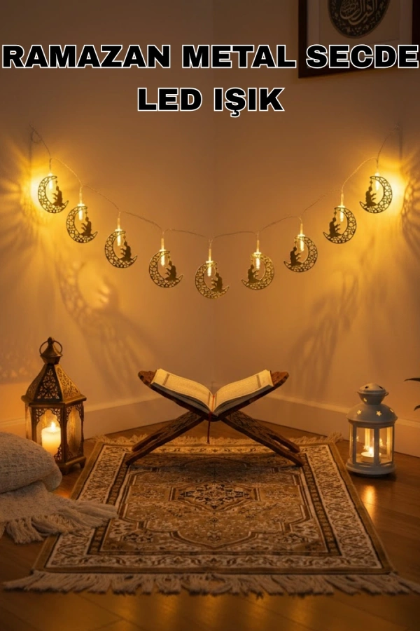 Ay ve Secde Tasarımlı Sıcak Beyaz LED Ramazan Işığı