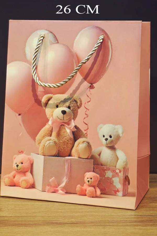 Ayıcık Desenli Pembe Büyük Boy Karton Hediye Çantası