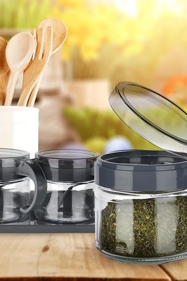 Baharat Seti 3 Adet Kaşıklı Standlı Cam Baharatlık