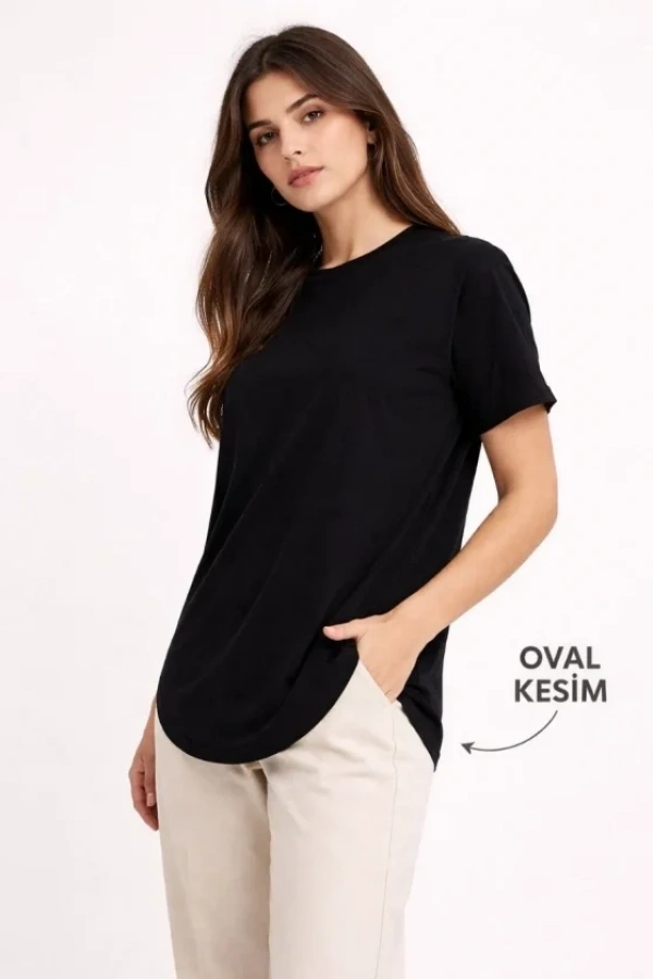 Basic T-Shirt Kısa Kol Bisiklet Yaka Oval Kesim Tişört - Siyah