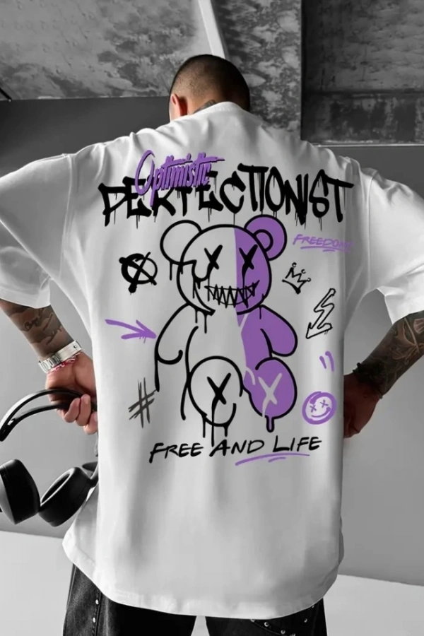 Baskılı Oversize Bisiklet Yaka T-shirt - Beyaz