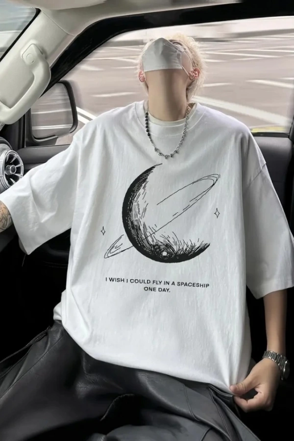 Baskılı Oversize Bisiklet Yaka T-shirt - Beyaz
