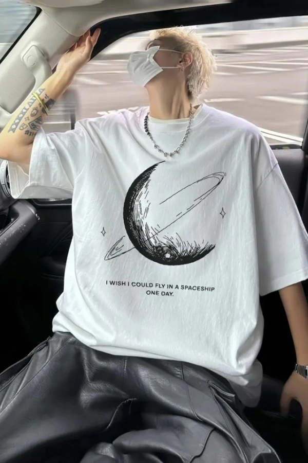 Baskılı Oversize Bisiklet Yaka T-shirt - Beyaz