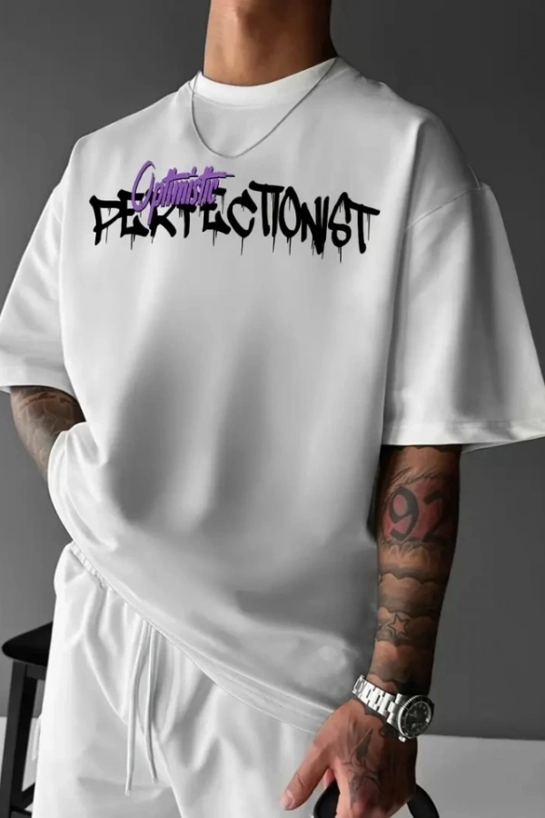 Baskılı Oversize Bisiklet Yaka T-shirt - Beyaz