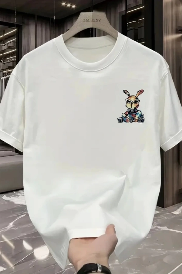 Baskılı Oversize Bisiklet Yaka T-shirt - Beyaz