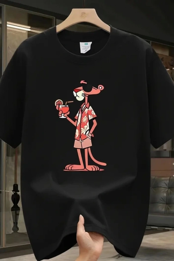 Baskılı Oversize Bisiklet Yaka T-shirt - Siyah