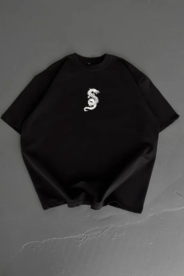 Baskılı Oversize Bisiklet Yaka T-shirt - Siyah