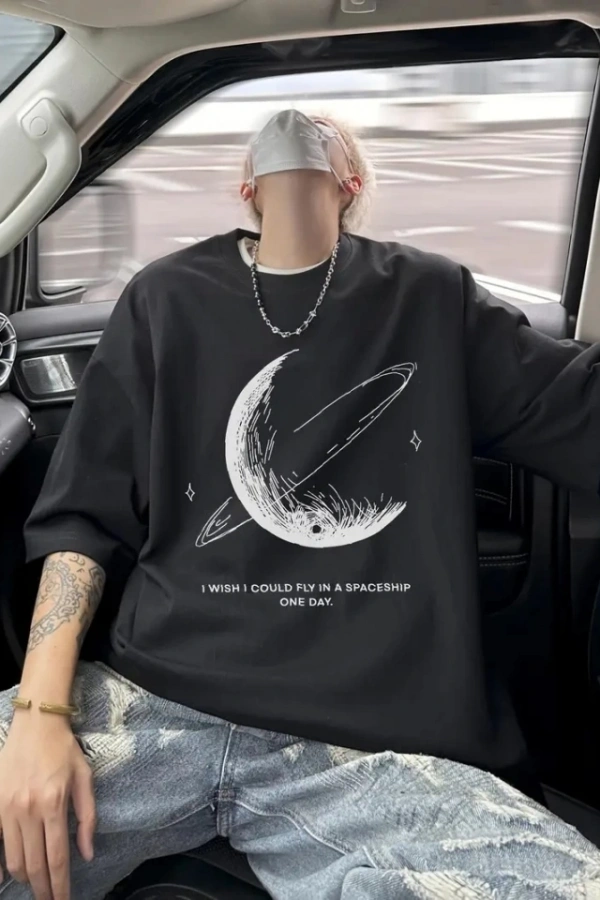 Baskılı Oversize Bisiklet Yaka T-shirt - Siyah