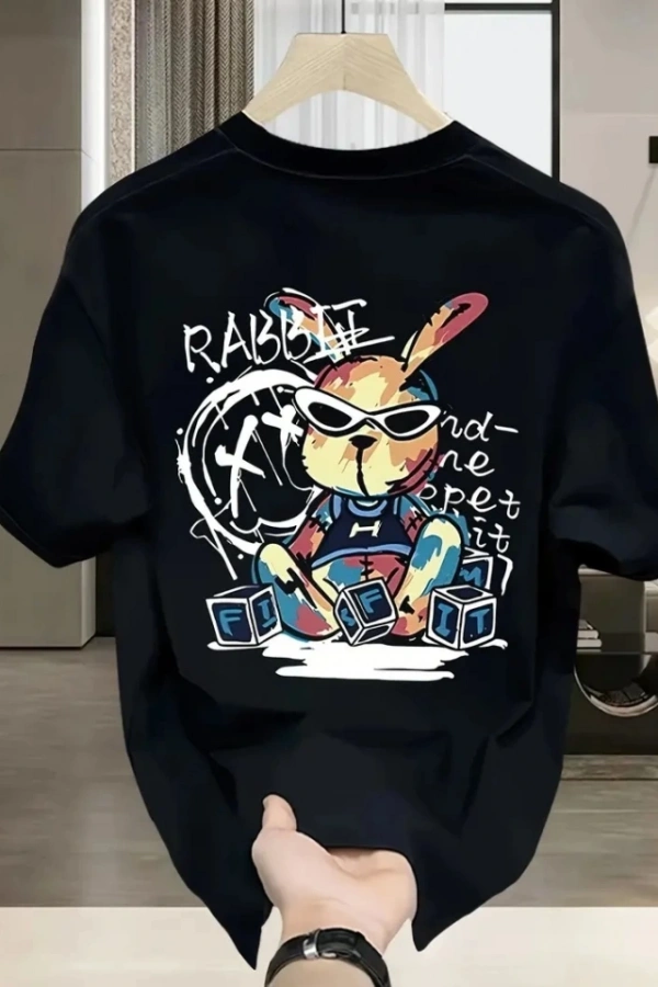 Baskılı Oversize Bisiklet Yaka T-shirt - Siyah