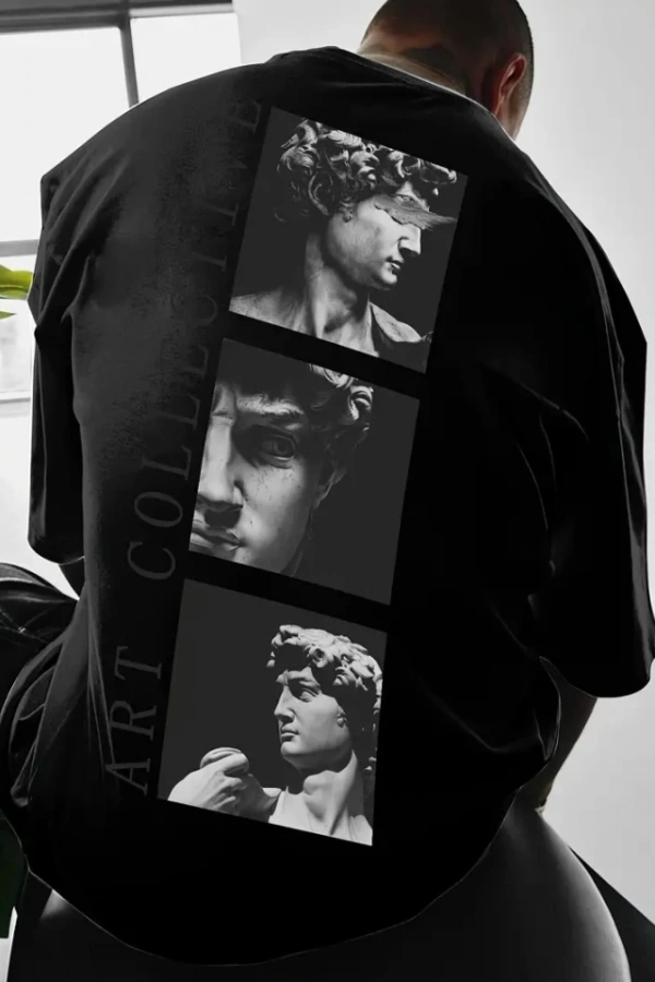 Baskılı Oversize Bisiklet Yaka T-shirt - Siyah