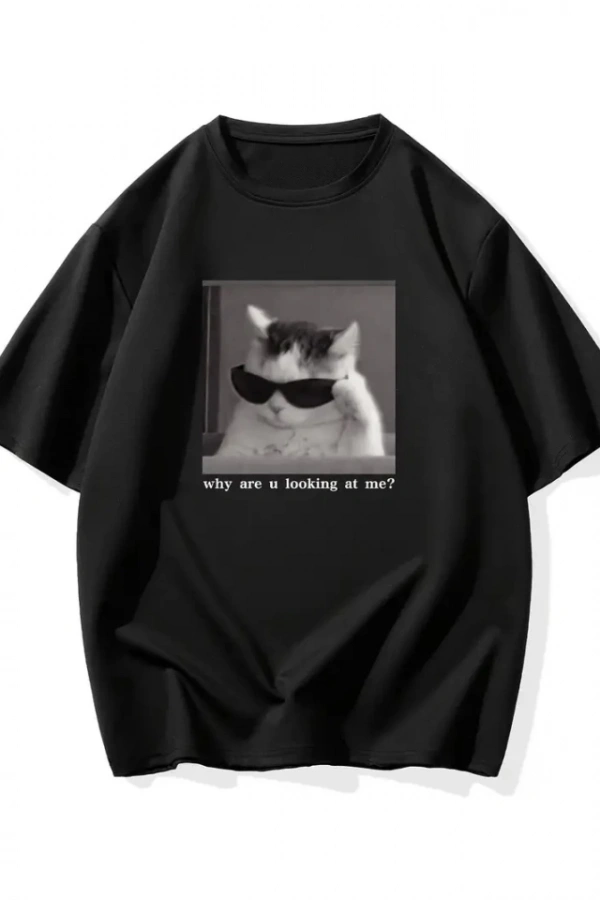 Baskılı Oversize Bisiklet Yaka T-shirt - Siyah