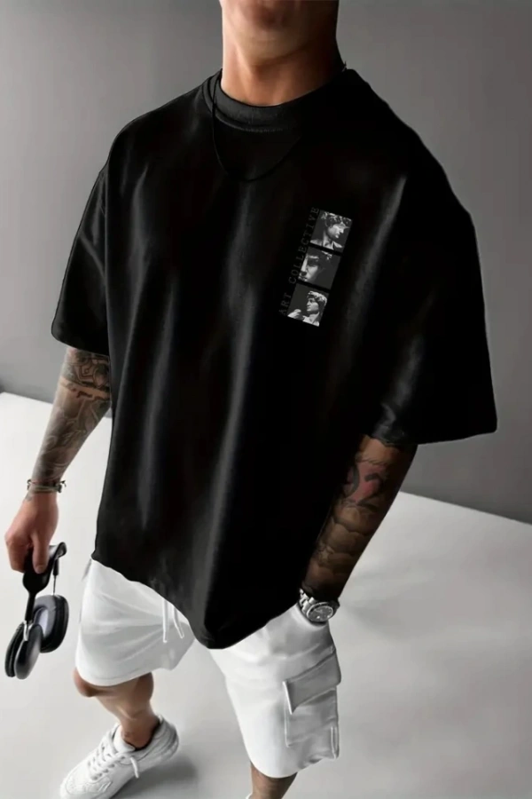 Baskılı Oversize Bisiklet Yaka T-shirt - Siyah