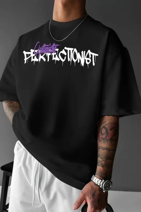 Baskılı Oversize Bisiklet Yaka T-shirt - Siyah