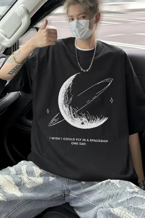 Baskılı Oversize Bisiklet Yaka T-shirt - Siyah