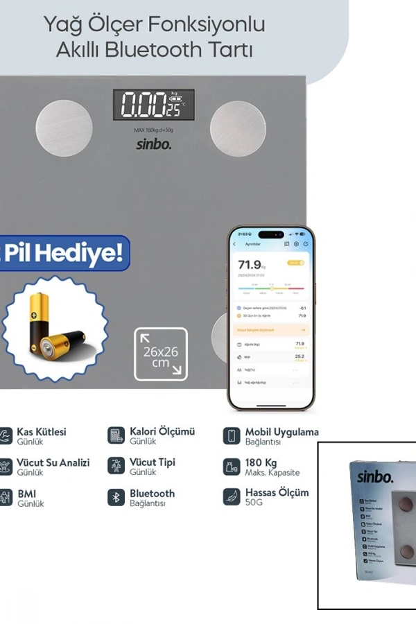 BASKÜL GRİ YAĞ ÖLÇER AKILLI BLUETOOTH CAM BASKÜL