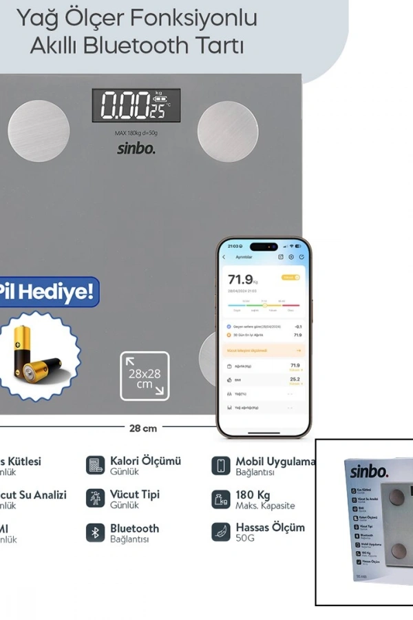 BASKÜL GRİ YAĞ ÖLÇER AKILLI BLUETOOTH CAM BASKÜL