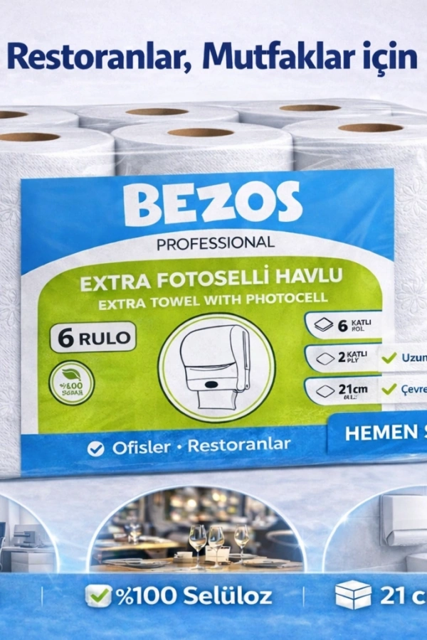 Professional Fotoselli Havlu 6 Rulo – 2 Katlı %100 Selüloz 21 cm Endüstriyel Kağıt Havlu