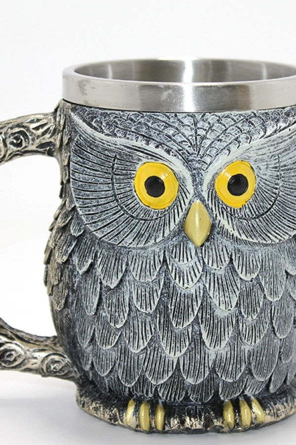 Bilge Baykuş Figürlü 3D Kabartmalı Paslanmaz Çelik Kupa Bardak