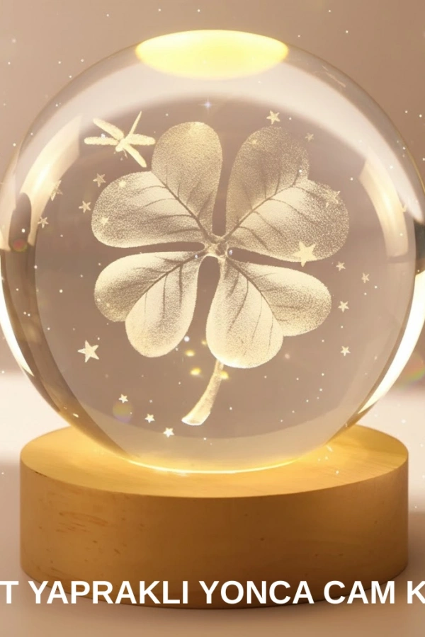 Bitki Temalı LED Işıklı Cam Küre Ahşap Standlı Modern Gece Lambası