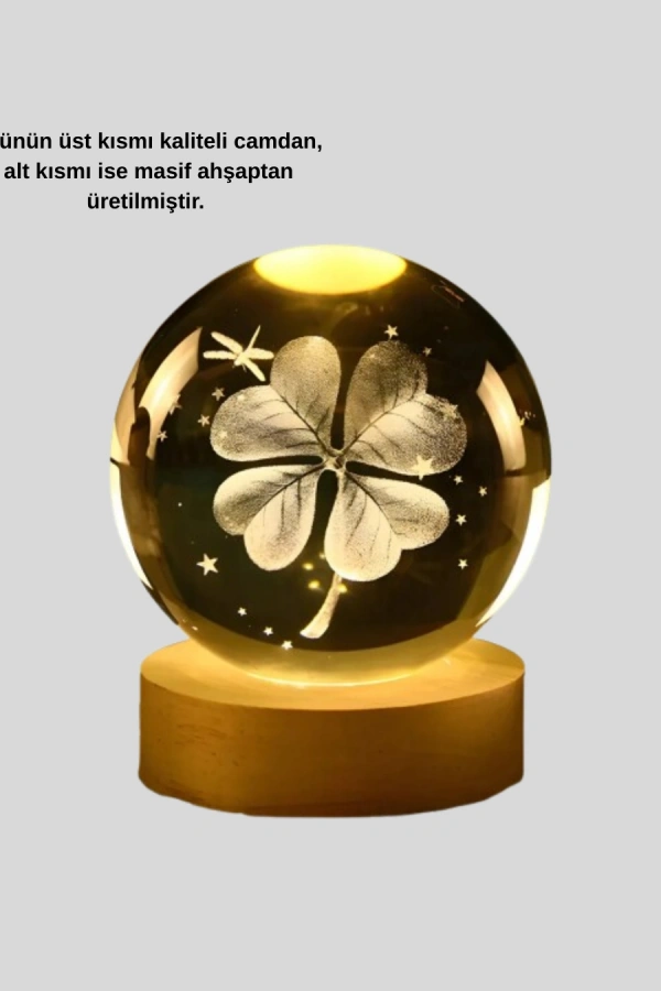 Bitki Temalı LED Işıklı Cam Küre Ahşap Standlı Modern Gece Lambası