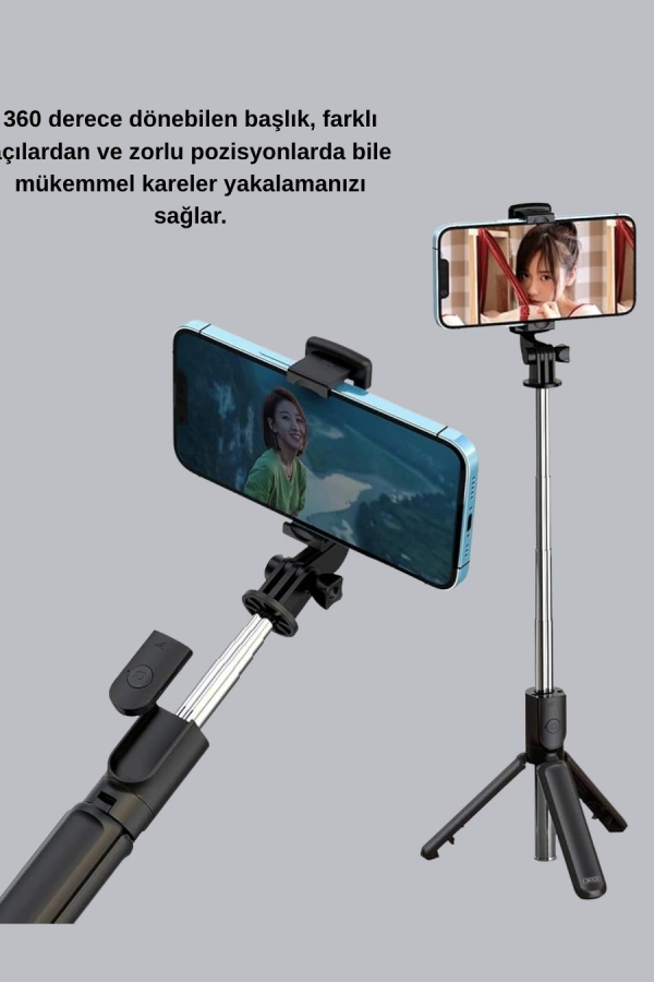 Bluetooth Selfie Çubuğu – 360° Dönebilen Başlık, Kablosuz Bağlantı