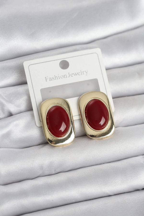 Bordo Renk Kare Model Vintage Kadın Küpe