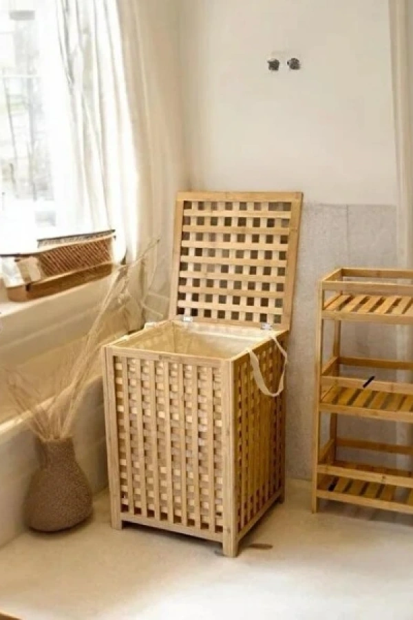 Büyük Boy Ahşap Bambu Kirli Sepeti 45x45x62