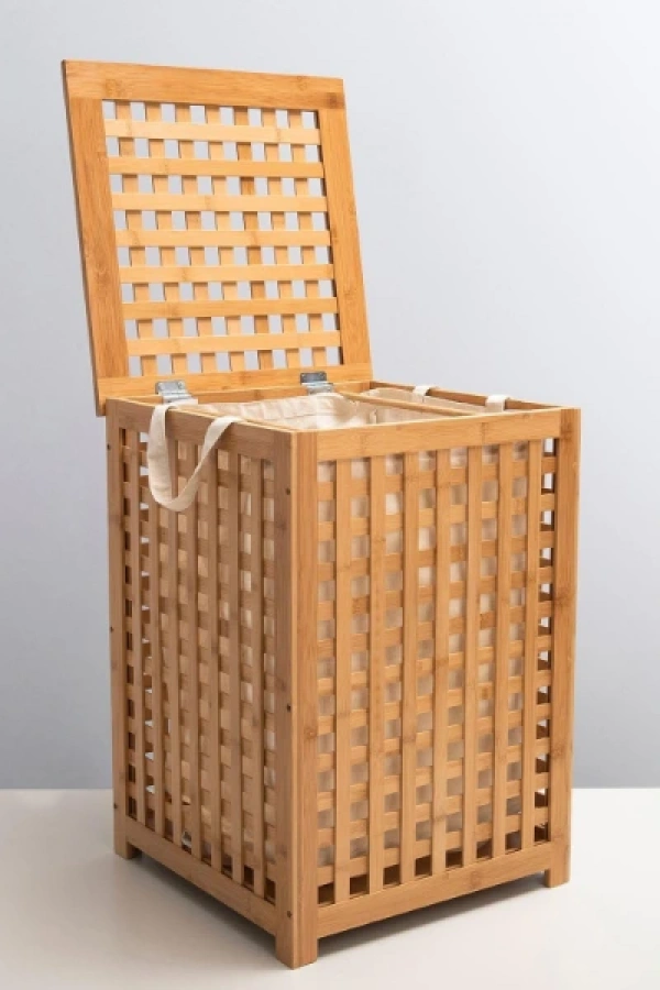 Büyük Boy Ahşap Bambu Kirli Sepeti 45x45x62