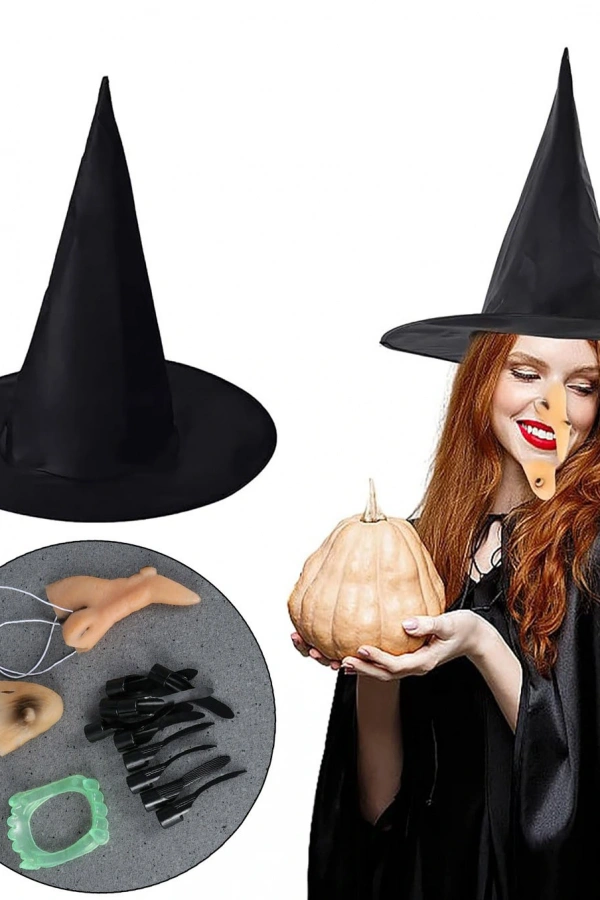 Cadı Kostüm Seti - Cadı Şapkası, Cadı Tırnakları, Cadı Burnu, Cadı Çenesi, Cadı Dişi