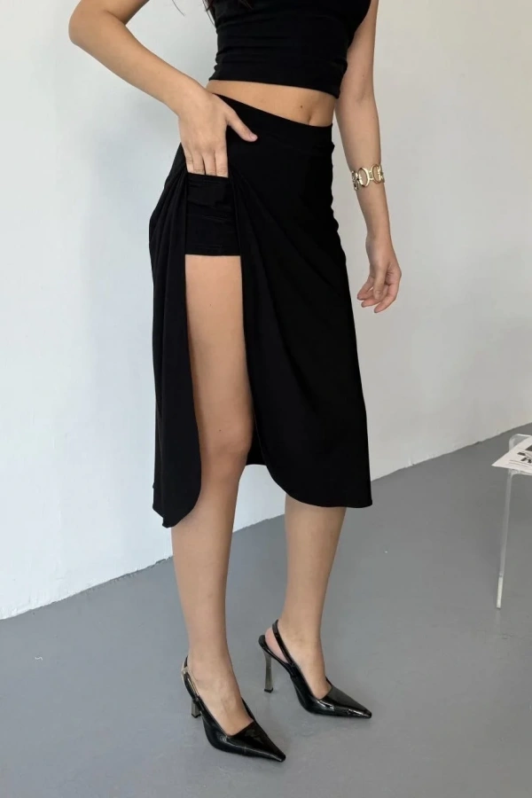 Cepli Şortlu Yırtmaçlı Etek - Siyah