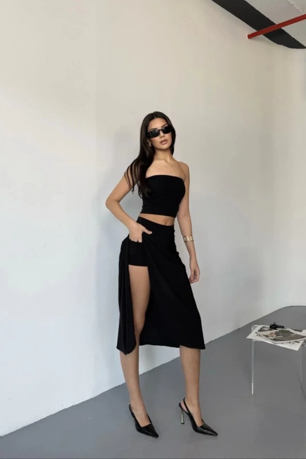 Cepli Şortlu Yırtmaçlı Etek - Siyah