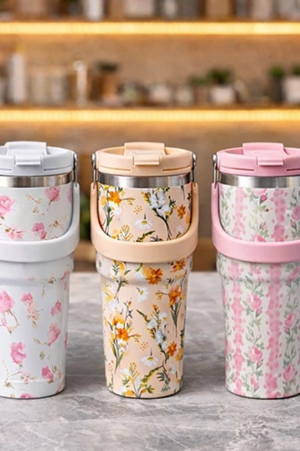Çiçek Desenli 900 ml Taşıma Kulplu Paslanmaz Çelik Termos Mug Bardak