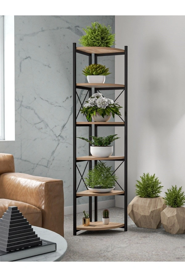 Kitaplık Çiçeklik 6 Raflı Ceviz Çok Amaçlı Stand Altı Bölmeli 160*30*43