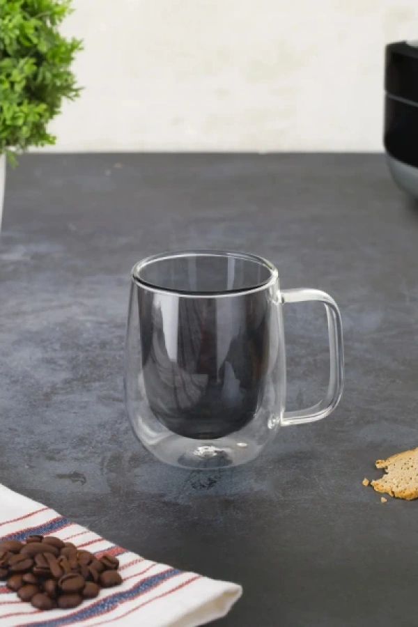 Çift Cidarlı Cam Kupa Gri Renk