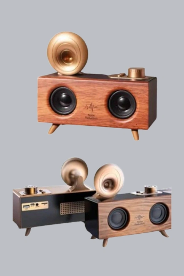 Çift Hoparlörlü Bluetooth Gramofon Speaker – FM Radyo, USB, SD Kart ve AUX Girişli