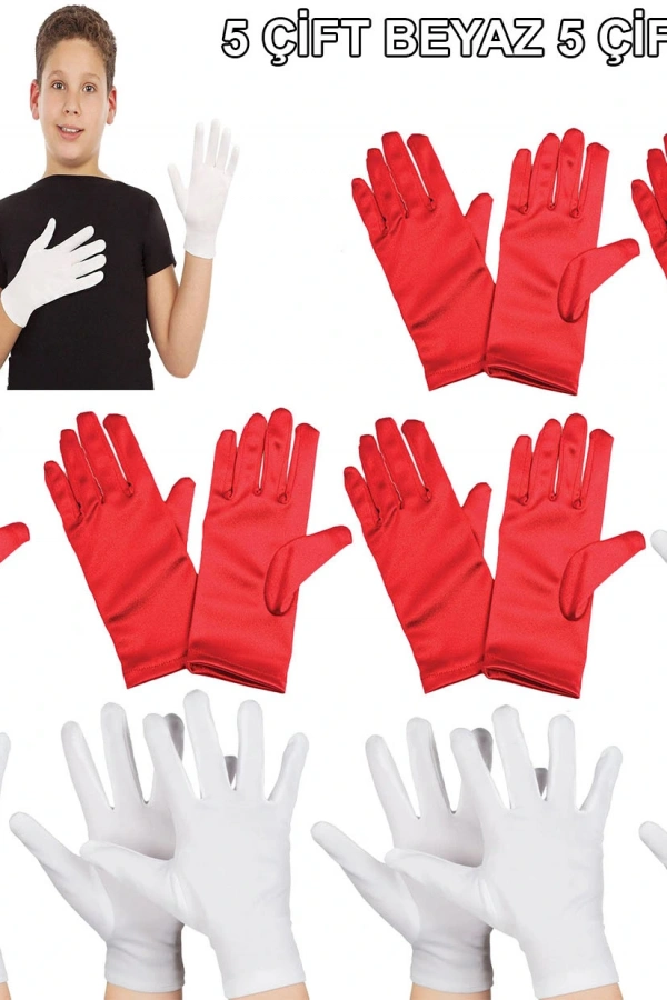Çocuk Gösteri Eldiven Seti – 5 Çift Beyaz & 5 Çift Kırmızı