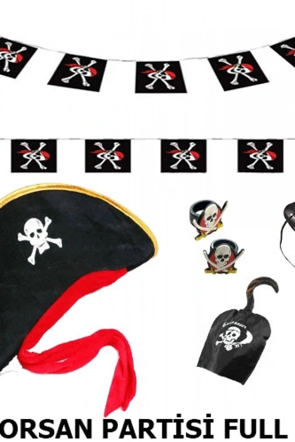 Çocuk Korsan Şapkası + Kancası + Göz Bandı + 2 Adet Yüzük + Afiş Seti